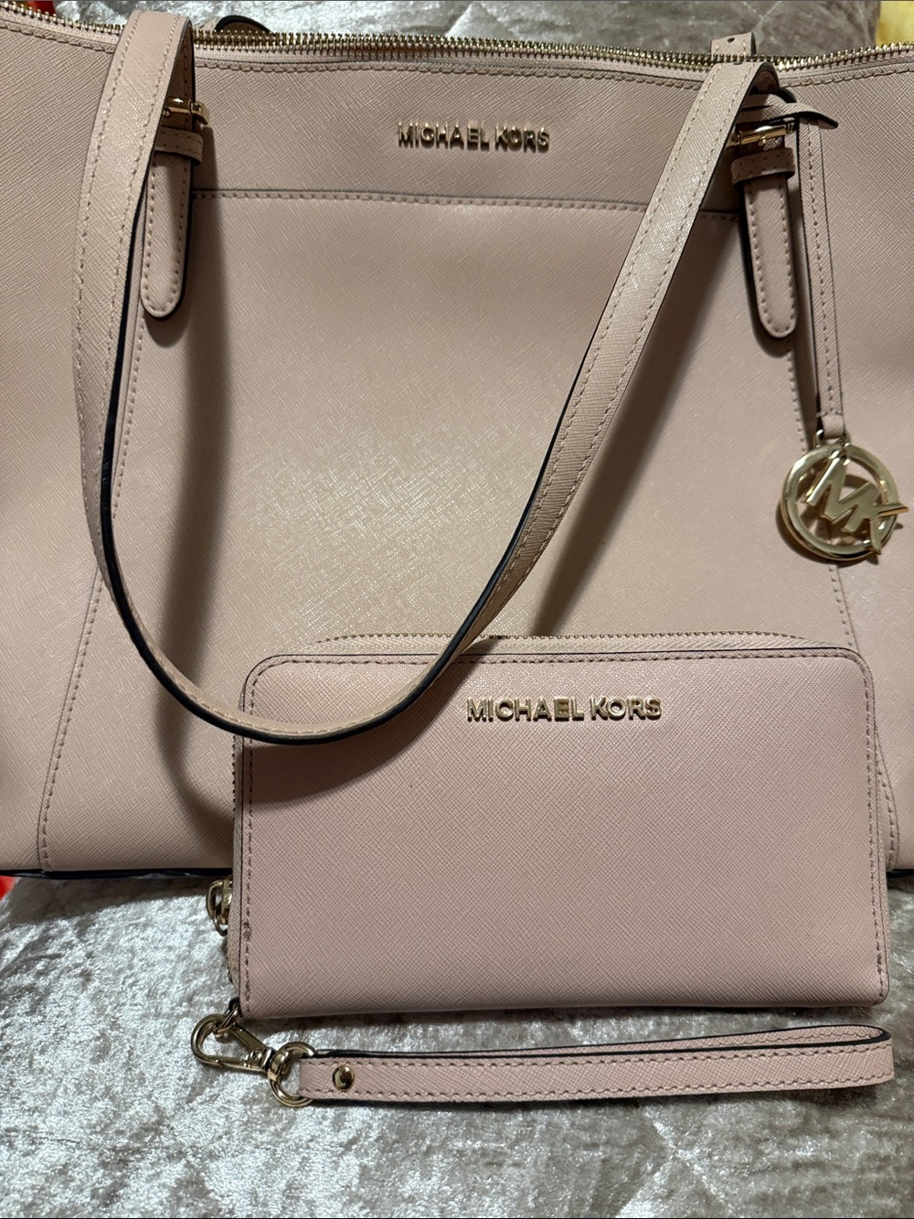 Michael Kors Pink-Beige Saffiano Leather Tote with matching wristlet